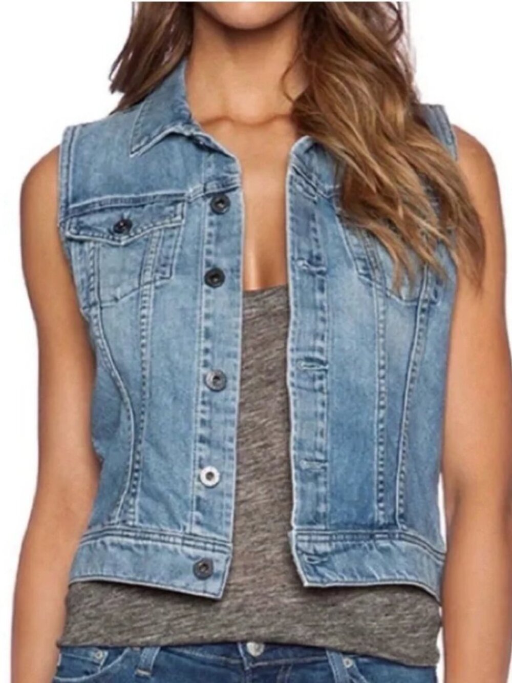 Womens AG Adriano Goldschmied Blue (Item-709) Button Denim Vest Jacket L